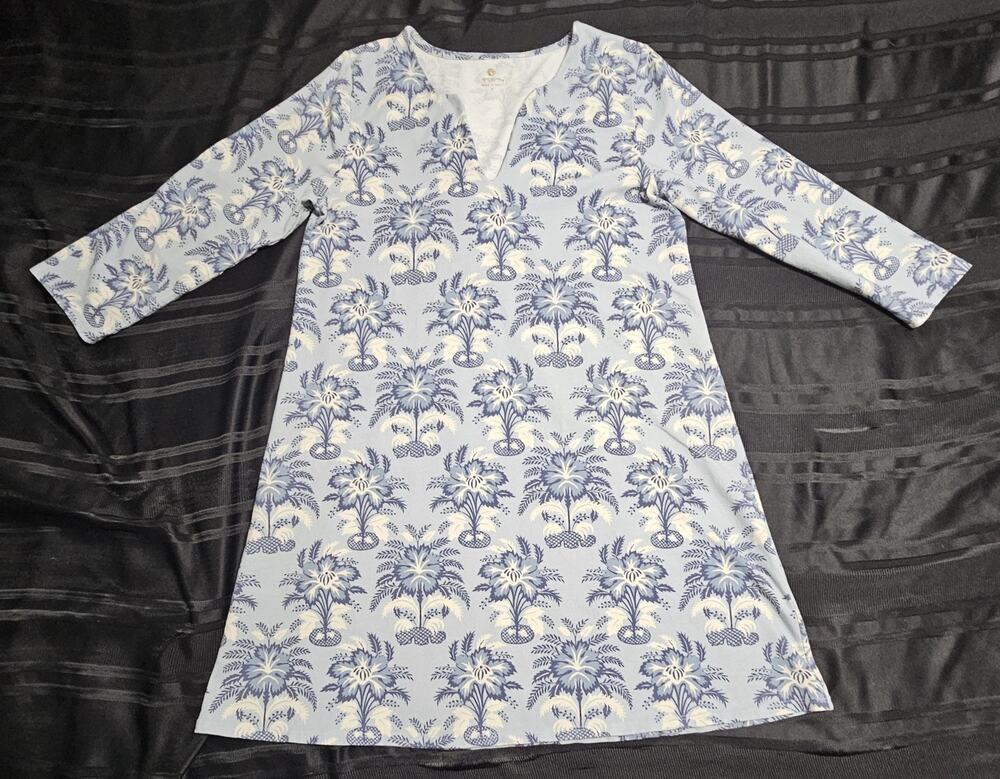 Spartina 449 Split Neck Shift Dress Jillian's Song Palm Blue 3/4 Sleeve L